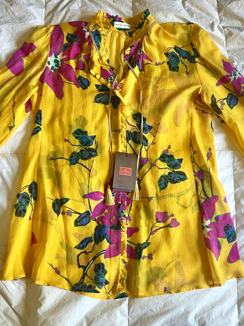 Nwt Etro Silk Floral Blouse Gold Yellow Pink Ruffle Tie Neck It 48